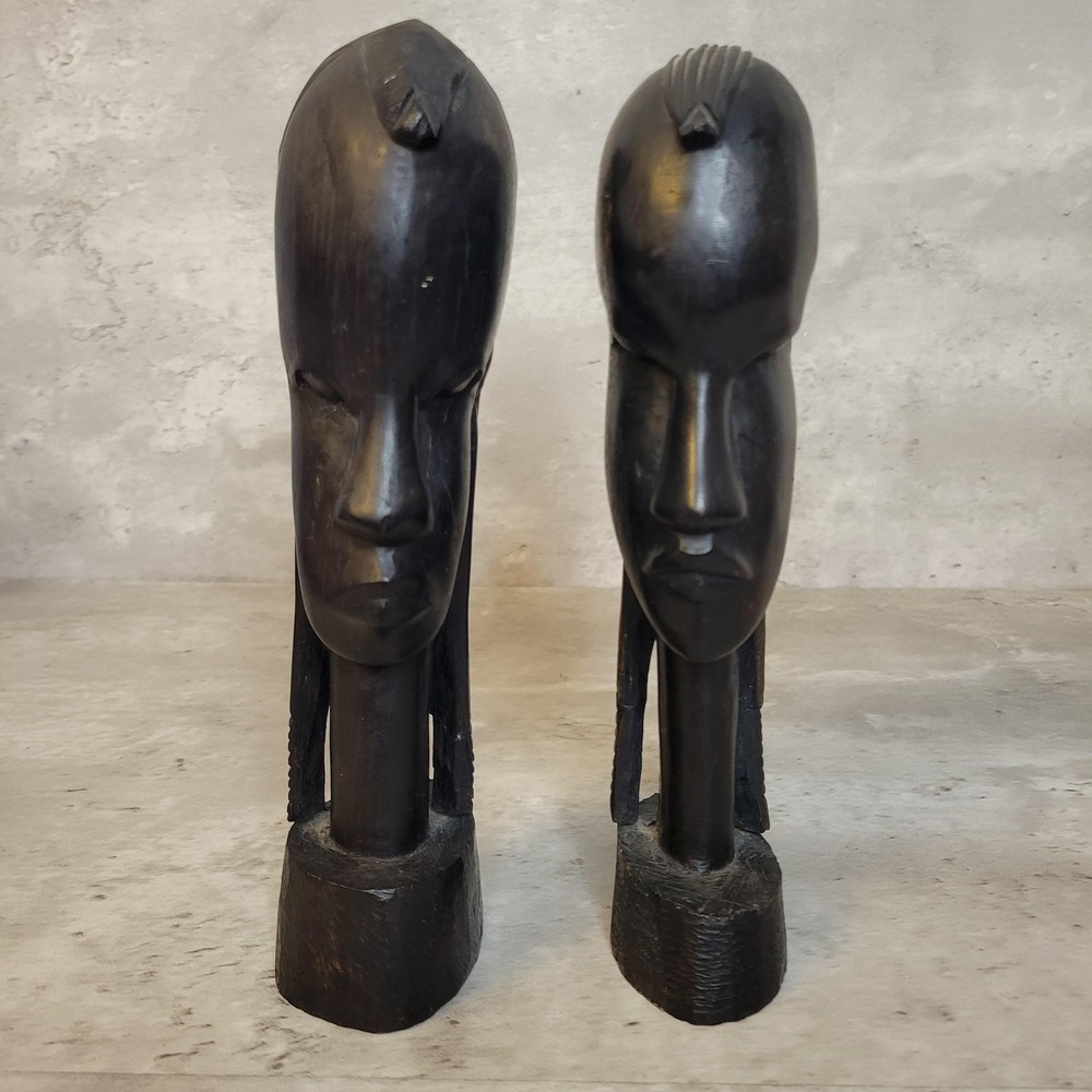 Vintage African Tribal Carved Wood Bust Sculpture Set Handcrafted Folk Art 11